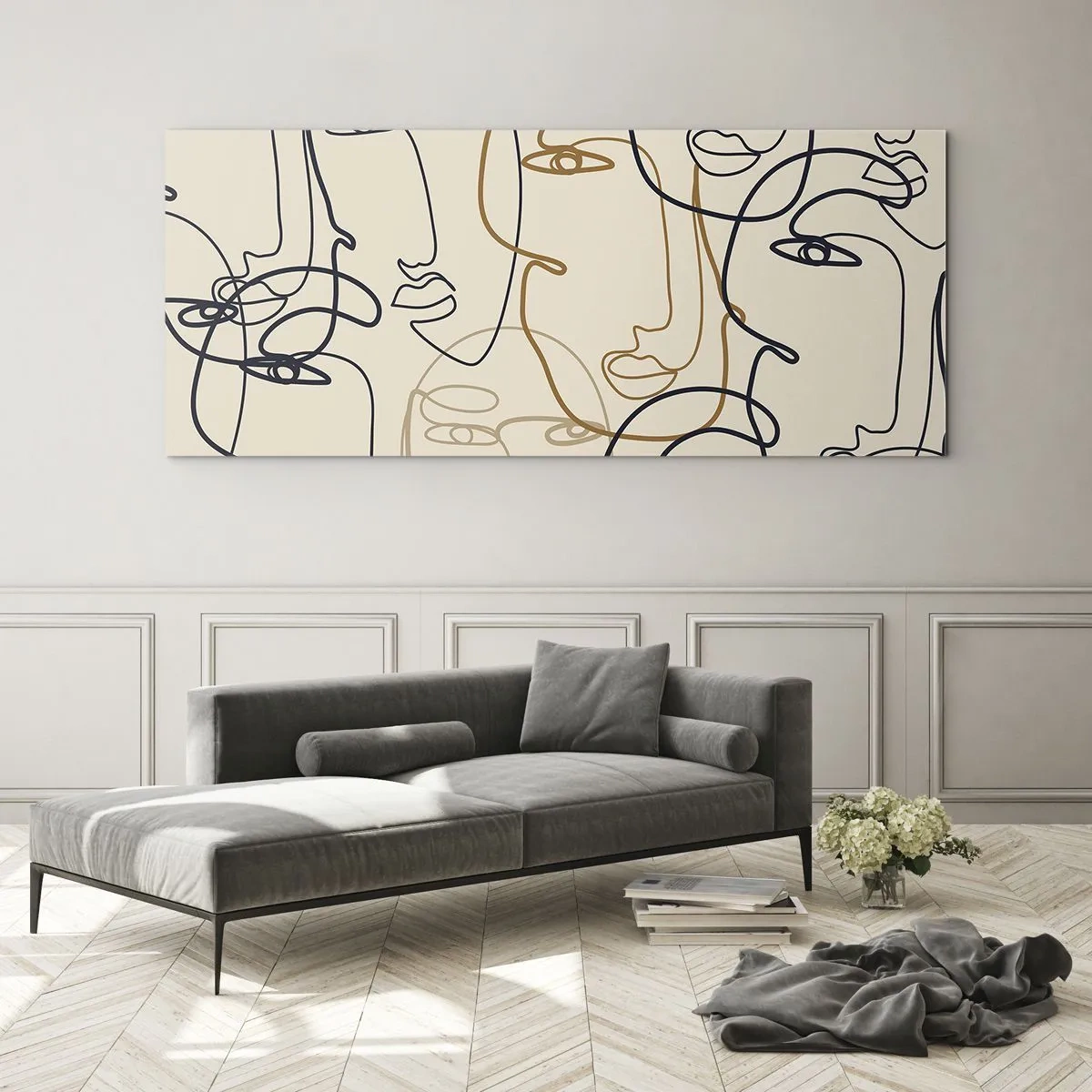 Quadro su vetro - Volti minimalisti in stile line art su sfondo chiaro - 160x50cm - Ritratto multiplo - Decorazione murale moderna per soggiorno e camera da letto ARTTOR
