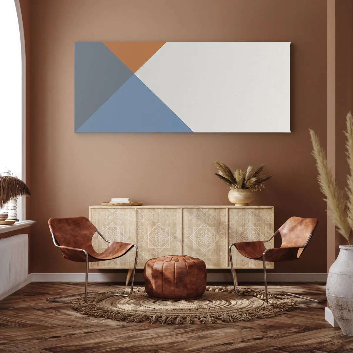 Quadro su tela - Stampe su Tela - Triangoli geometrici nei toni del blu e dell'arancione - 160x50cm - Ad angolo... - Decorazione murale moderna per soggiorno e camera da letto ARTTOR