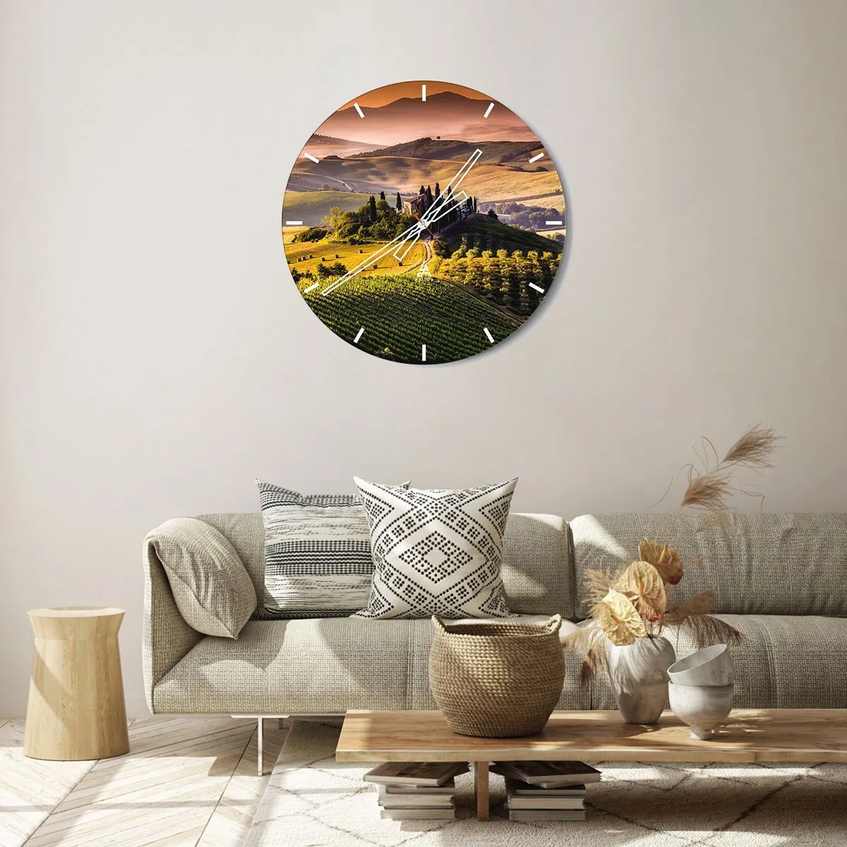 Orologio da parete - Orologio in Vetro - Pittoresche colline con alberi e vigneti nella calda luce - 30x30cm - Arcadia: paesaggio toscano - Decorazione murale moderna per soggiorno, cucina e camera da letto ARTTOR