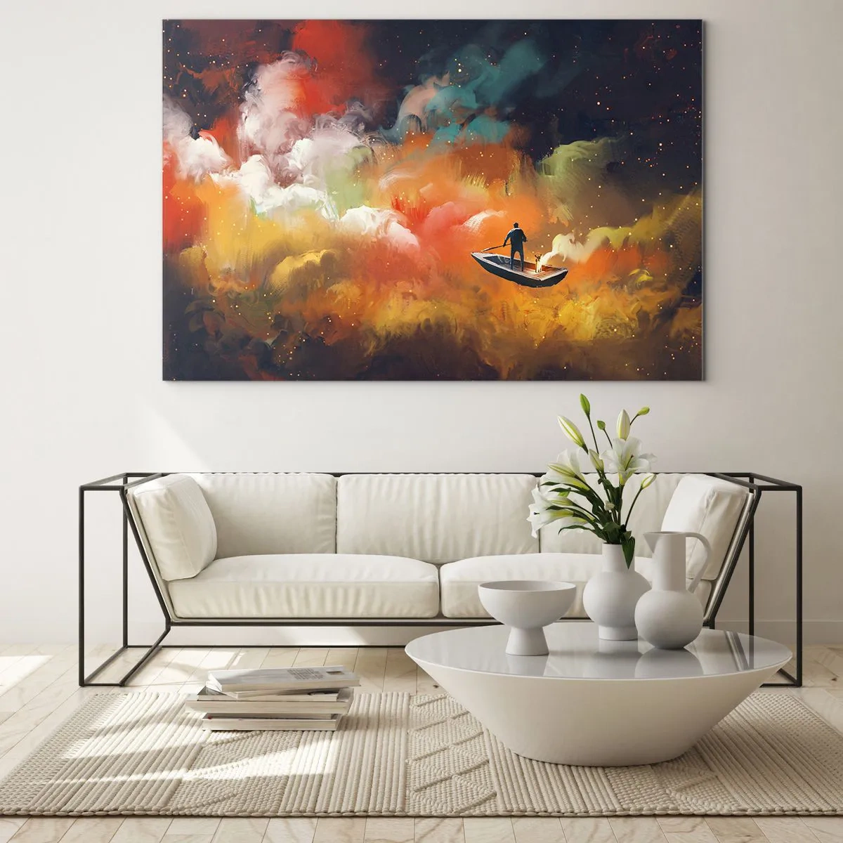 Quadro su vetro - Una figura su una barca che galleggia tra colorate nuvole galattiche - 100x70cm - In barca attraverso la galassia - Decorazione murale moderna per soggiorno e camera da letto ARTTOR