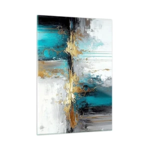 Quadro su vetro - Astrazione con turchese e oro su sfondo bianco - 50x70cm - Panta rei - Decorazione murale moderna per soggiorno e camera da letto ARTTOR
