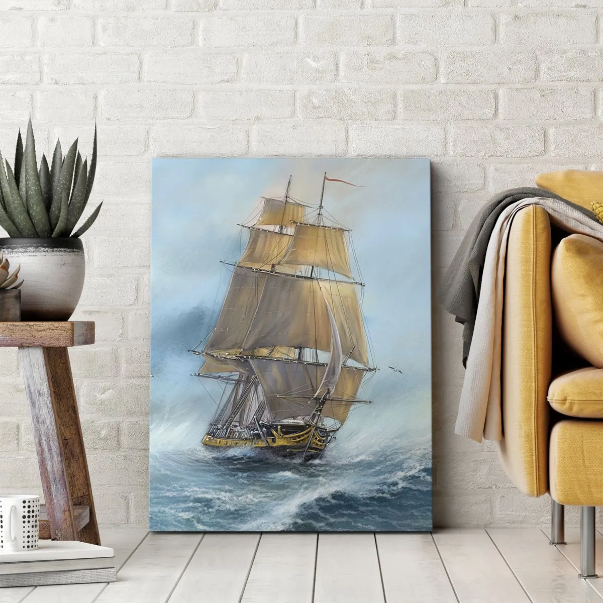 Quadro su tela - Stampe su Tela - Una nave a vela in un mare in tempesta - 50x70cm - Frangendo i flutti - Decorazione murale moderna per soggiorno e camera da letto ARTTOR