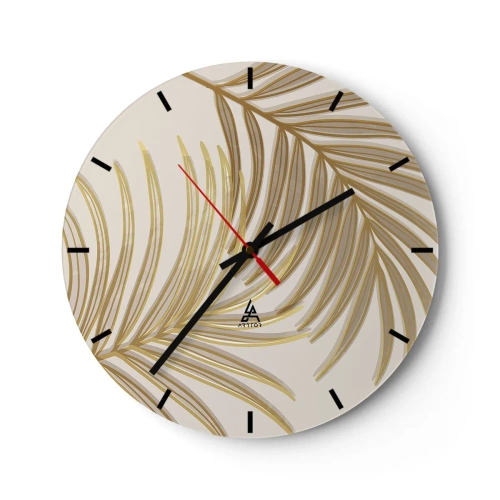 Orologio da parete - Orologio in Vetro - Foglie di palma dorate su sfondo beige in una disposizione elegante - 30x30cm - Palma d'oro! - Decorazione murale moderna per soggiorno, cucina e camera da letto ARTTOR