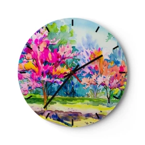 Orologio da parete - Orologio in Vetro - Paesaggio acquerello con alberi colorati - 30x30cm - Giardino multicolore nella luce della primavera - Decorazione murale moderna per soggiorno, cucina e camera da letto ARTTOR