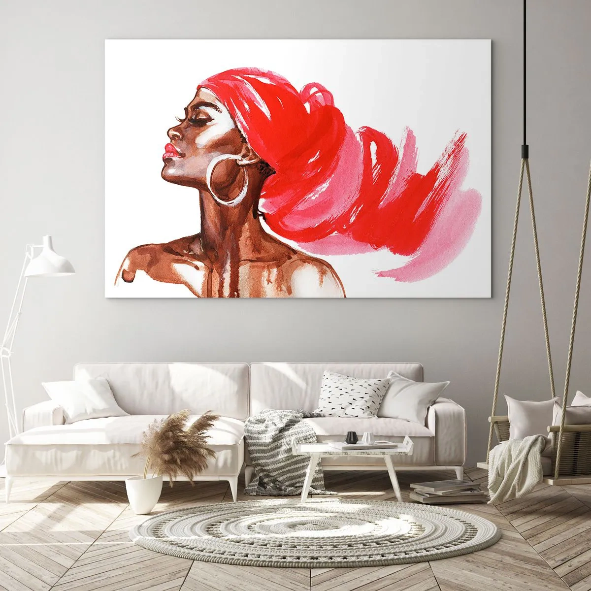 Quadro su vetro - Ritratto ad acquerello di una donna con un turbante rosso - 120x80cm - C'è un vento che allarga le narici dell'uomo - Decorazione murale moderna per soggiorno e camera da letto ARTTOR