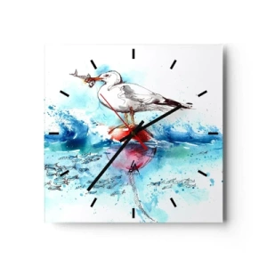 Orologio da parete - Orologio in Vetro - Gabbiano su una boa con pesci sullo sfondo in stile acquerello - 30x30cm - Buona pesca - Decorazione murale moderna per soggiorno e camera da letto ARTTOR