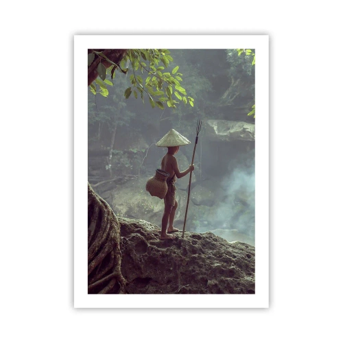 Poster - Un ragazzo nella foresta con una canna da pesca e un cestino sulla schiena - 50x70cm - In armonia con la natura - Decorazione murale moderna per soggiorno e camera da letto ARTTOR
