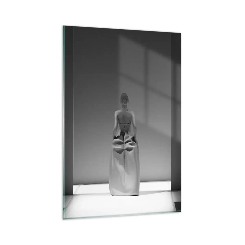 Quadro su vetro - Un dipinto in bianco e nero con una scena minimalista di una donna in uno spazio geometrico. - 80x120cm - Semplicità raffinata - Decorazione murale moderna per soggiorno e camera da letto ARTTOR