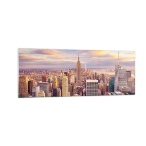 Quadro su vetro - Panorama di una città moderna con grattacieli al tramonto - 140x50cm - Toccando le nuvole - Decorazione murale moderna per soggiorno e camera da letto ARTTOR