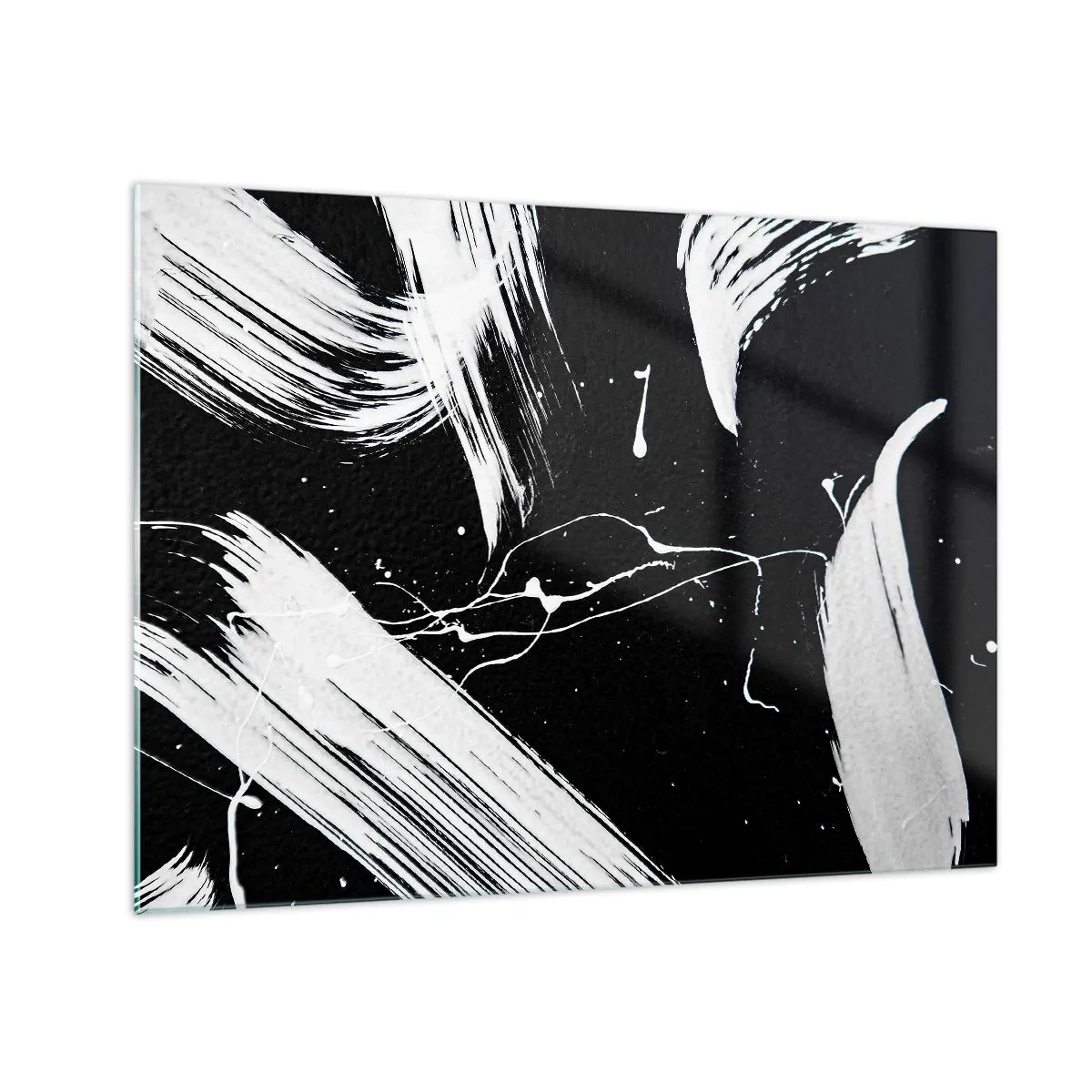 Quadro su vetro - Pennellate bianche su sfondo nero - 70x50cm - Spezzando l'oscurità - Decorazione murale moderna per soggiorno e camera da letto ARTTOR