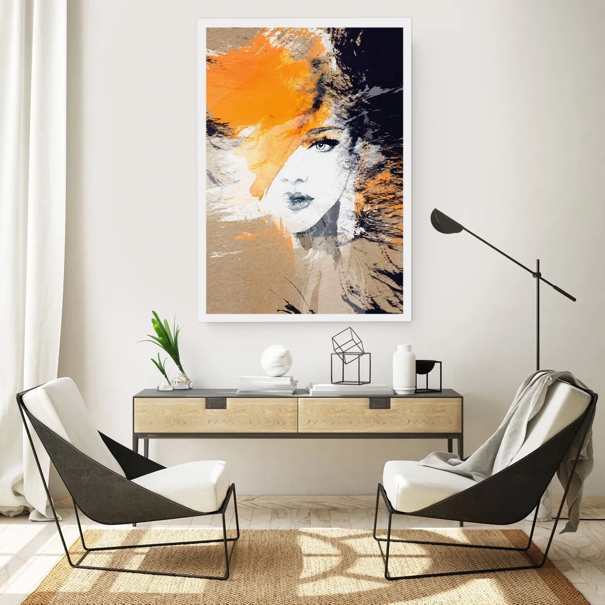 Poster - Ritratto di una donna in stile artistico con accenti arancioni - 50x70cm - E la luce fu - Decorazione murale moderna per soggiorno e camera da letto ARTTOR