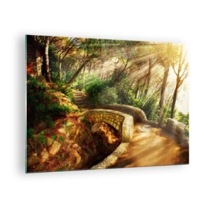 Quadro su vetro - Raggi di sole che illuminano il ponte e il sentiero nella foresta - 70x50cm - Dal ponte direttamente nel bosco delle fiabe - Decorazione murale moderna per soggiorno e camera da letto ARTTOR