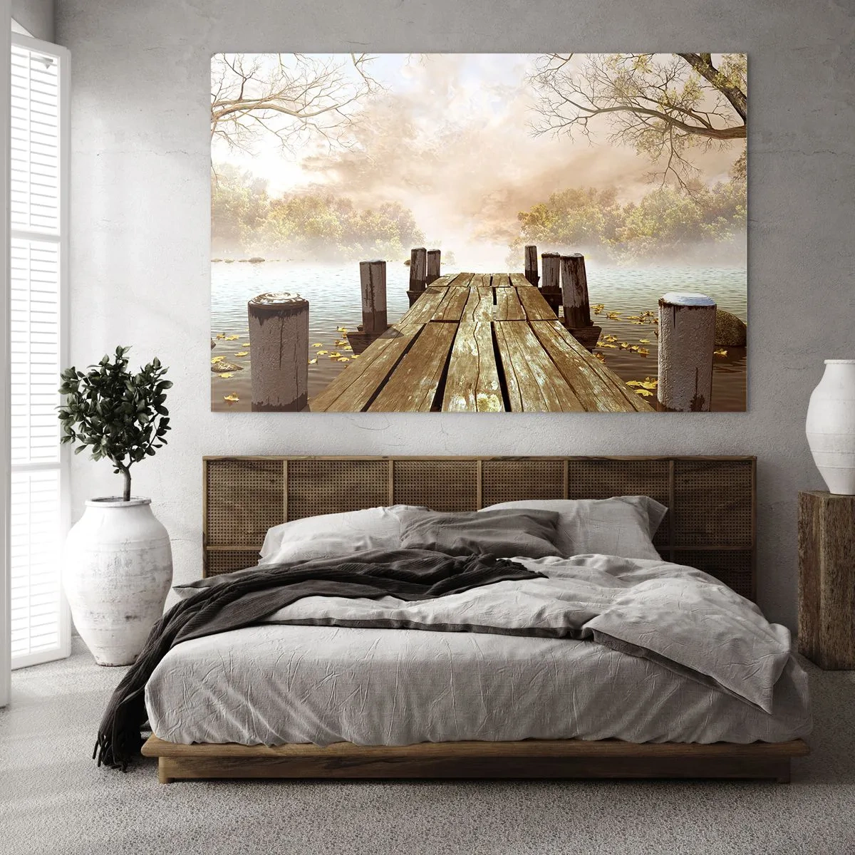 Quadro su vetro - Un molo di legno su un lago calmo nella nebbia - 120x80cm - La mite melanconia autunnale - Decorazione murale moderna per soggiorno e camera da letto ARTTOR
