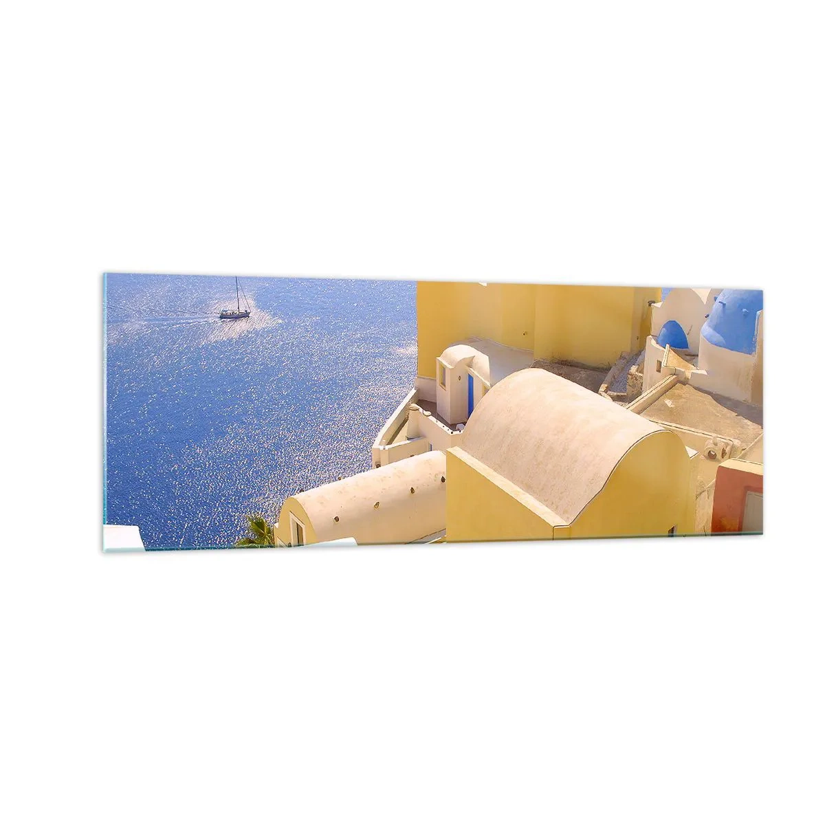 Quadro su vetro - Architettura greca con vista sul mare e una barca sullo sfondo - 140x50cm - Paesaggio greco in bianco e blu - Decorazione murale moderna per soggiorno e camera da letto ARTTOR