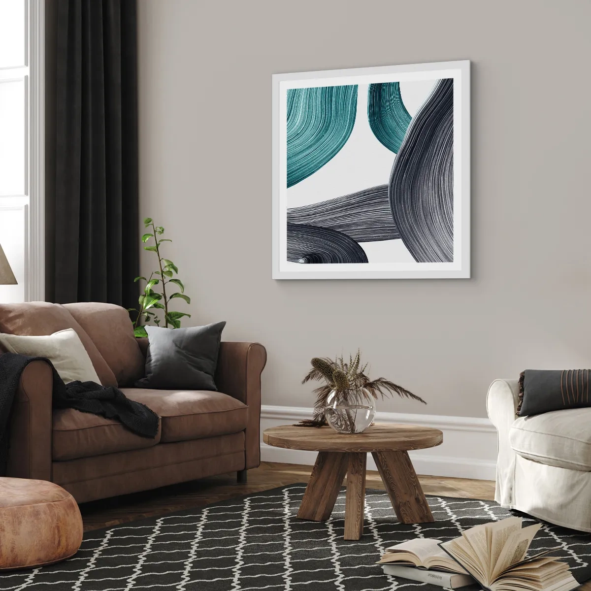 Poster in cornice bianca - Tracce smeraldo e nero - 60x60 cm