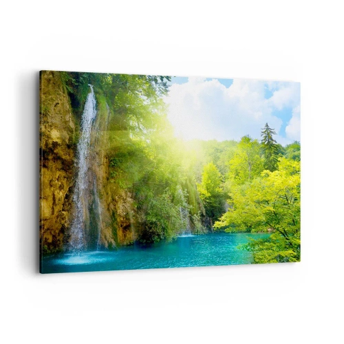 Quadro su tela - Stampe su Tela - Una cascata che sfocia in un lago turchese circondato dal verde - 100x70cm - Così deve essere il paradiso - Decorazione murale moderna per soggiorno e camera da letto ARTTOR