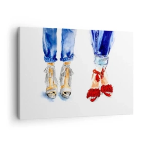 Quadro su tela - Stampe su Tela - Illustrazione di due paia di scarpe con sandali eleganti e jeans - 70x50cm - Facciamo una passeggiata? - Decorazione murale moderna per soggiorno e camera da letto ARTTOR