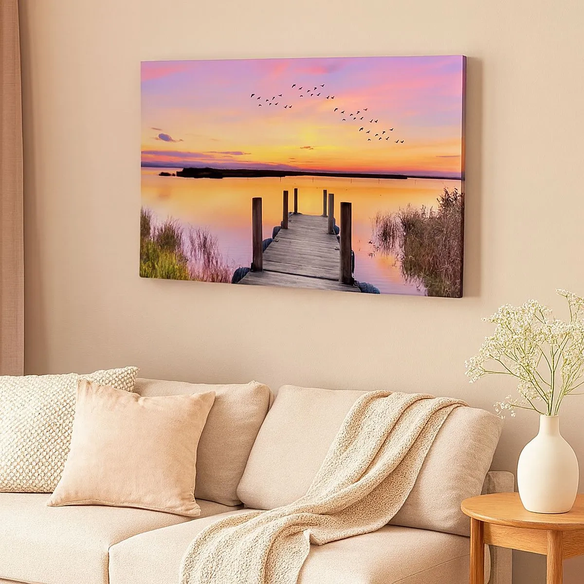 Quadro su tela - Stampe su Tela - Un molo su un lago al tramonto con uccelli nel cielo - 70x50cm - Alba viola e silenziosa - Decorazione murale moderna per soggiorno e camera da letto ARTTOR