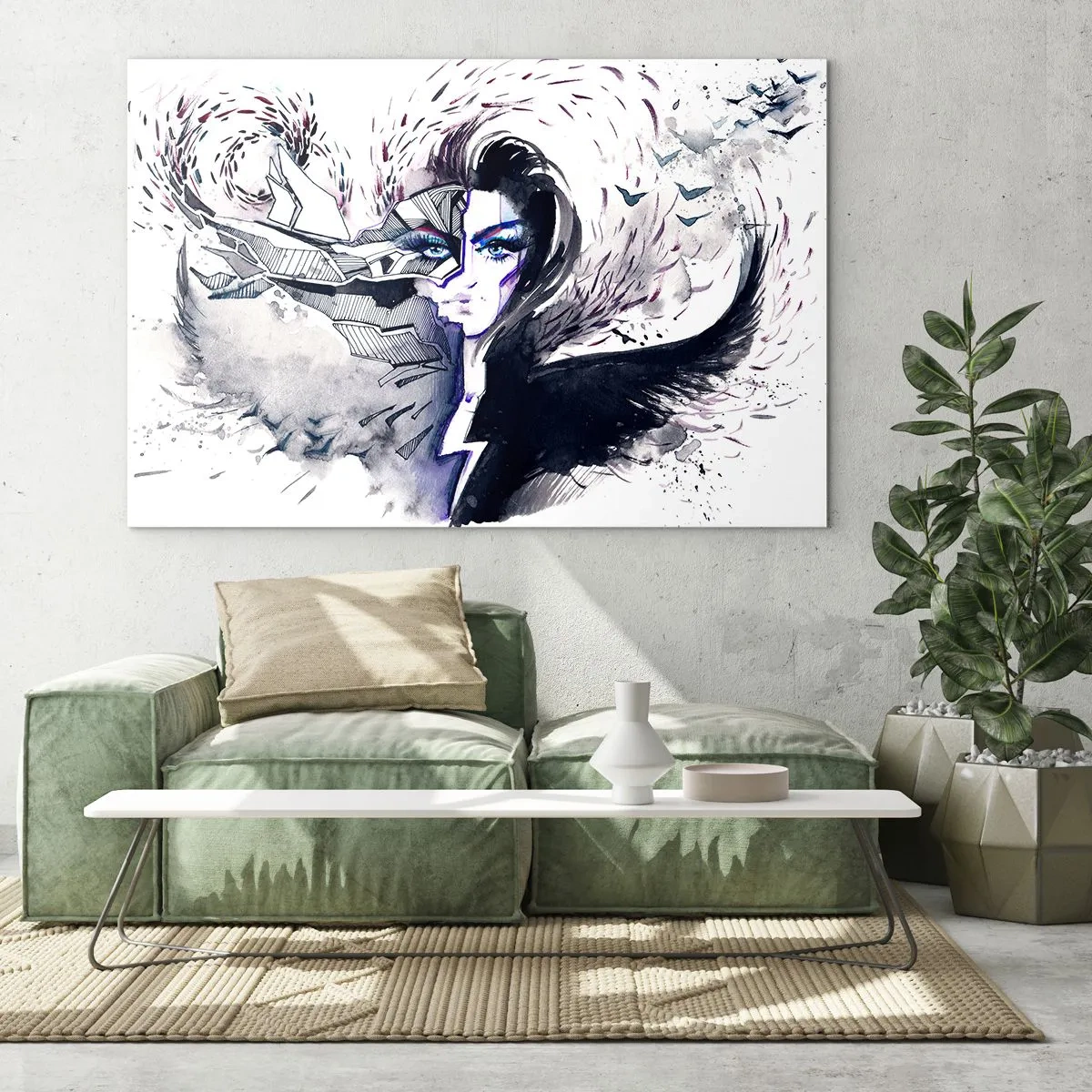 Quadro su vetro - Ritratto astratto con elementi dinamici e nero - 120x80cm - Bella e demoniaca - Decorazione murale moderna per soggiorno e camera da letto ARTTOR