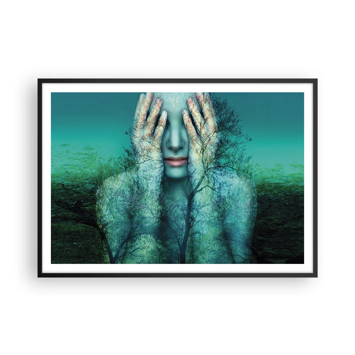 Poster in cornice nera - Una figura femminile con un motivo ad albero su uno sfondo paesaggistico turchese - 100x70cm - Immersa nel blu - Decorazione murale moderna per soggiorno e camera da letto ARTTOR