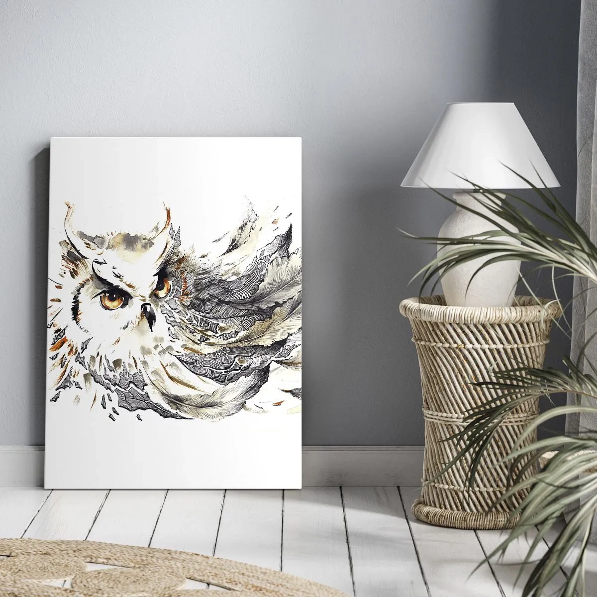 Quadro su tela - Stampe su Tela - Un gufo con piume mistiche in una forma artistica di acquerello - 50x70cm - Giunta dal mondo della magia - Decorazione murale moderna per soggiorno e camera da letto ARTTOR