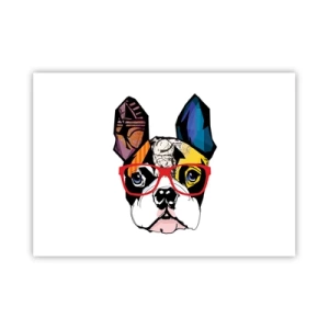 Poster - Bulldog in un'illustrazione colorata con occhiali rossi - 100x70cm - Intellettuale - Decorazione murale moderna per soggiorno e camera da letto ARTTOR