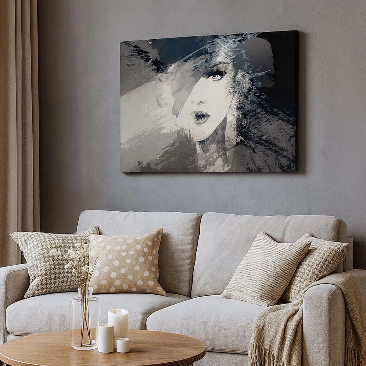Quadro su tela - Stampe su Tela - Un ritratto astratto di una donna in tonalità di grigio con delicati accenti. - 70x50cm - Dietro un velo grigio - Decorazione murale moderna per soggiorno e camera da letto ARTTOR