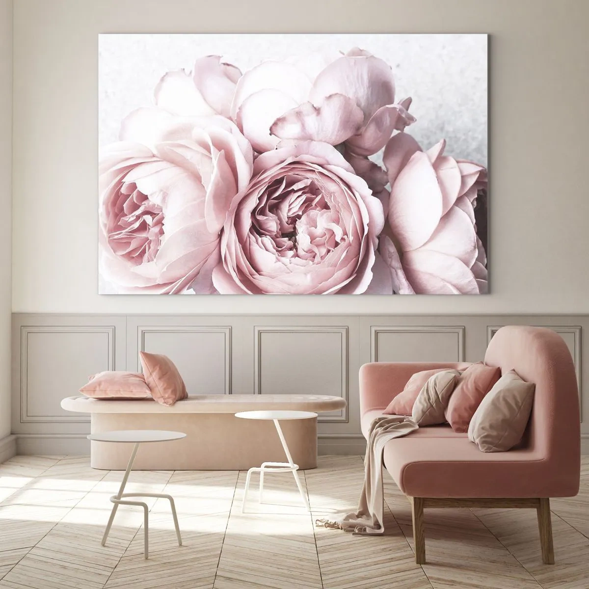Quadro su vetro - Primo piano di fiori di peonia rosa in luce soffusa - 100x70cm - Per i romantici - Decorazione murale moderna per soggiorno e camera da letto ARTTOR