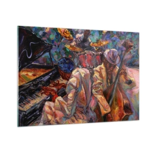 Quadro su vetro - Un palco jazz colorato con musicisti e strumenti - 100x70cm - In un unico ritmo - Decorazione murale moderna per soggiorno e camera da letto ARTTOR