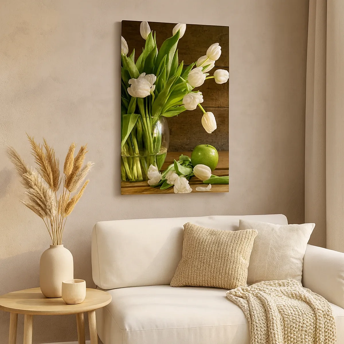 Quadro su tela - Stampe su Tela - Un bouquet di tulipani bianchi in un vaso di vetro con mele verdi - 50x70cm - Freschezza in verde e bianco - Decorazione murale moderna per soggiorno e camera da letto ARTTOR