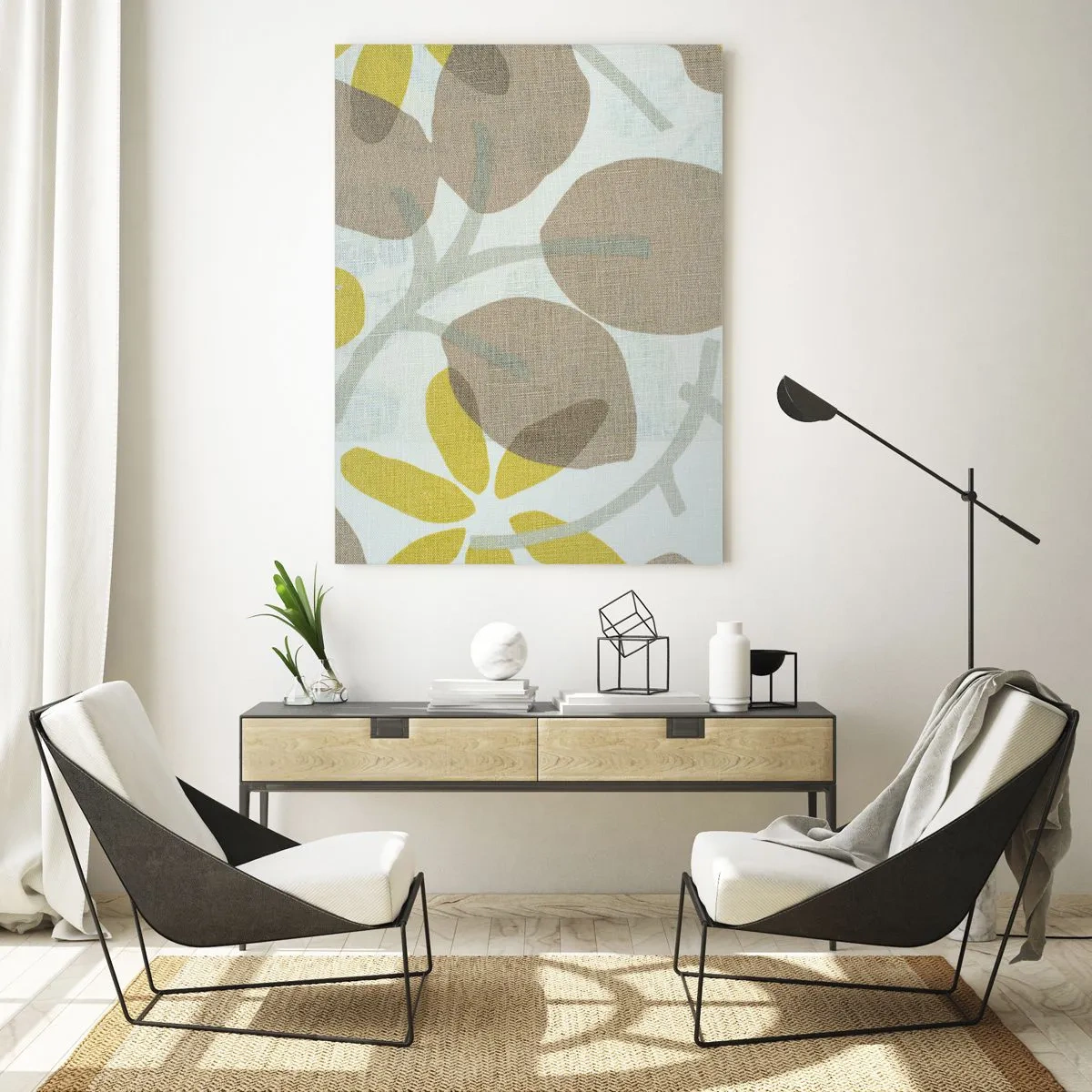 Quadro su vetro - Foglie astratte nei toni del beige e del giallo - 80x120cm - Composizione sotto al sole - Decorazione murale moderna per soggiorno e camera da letto ARTTOR