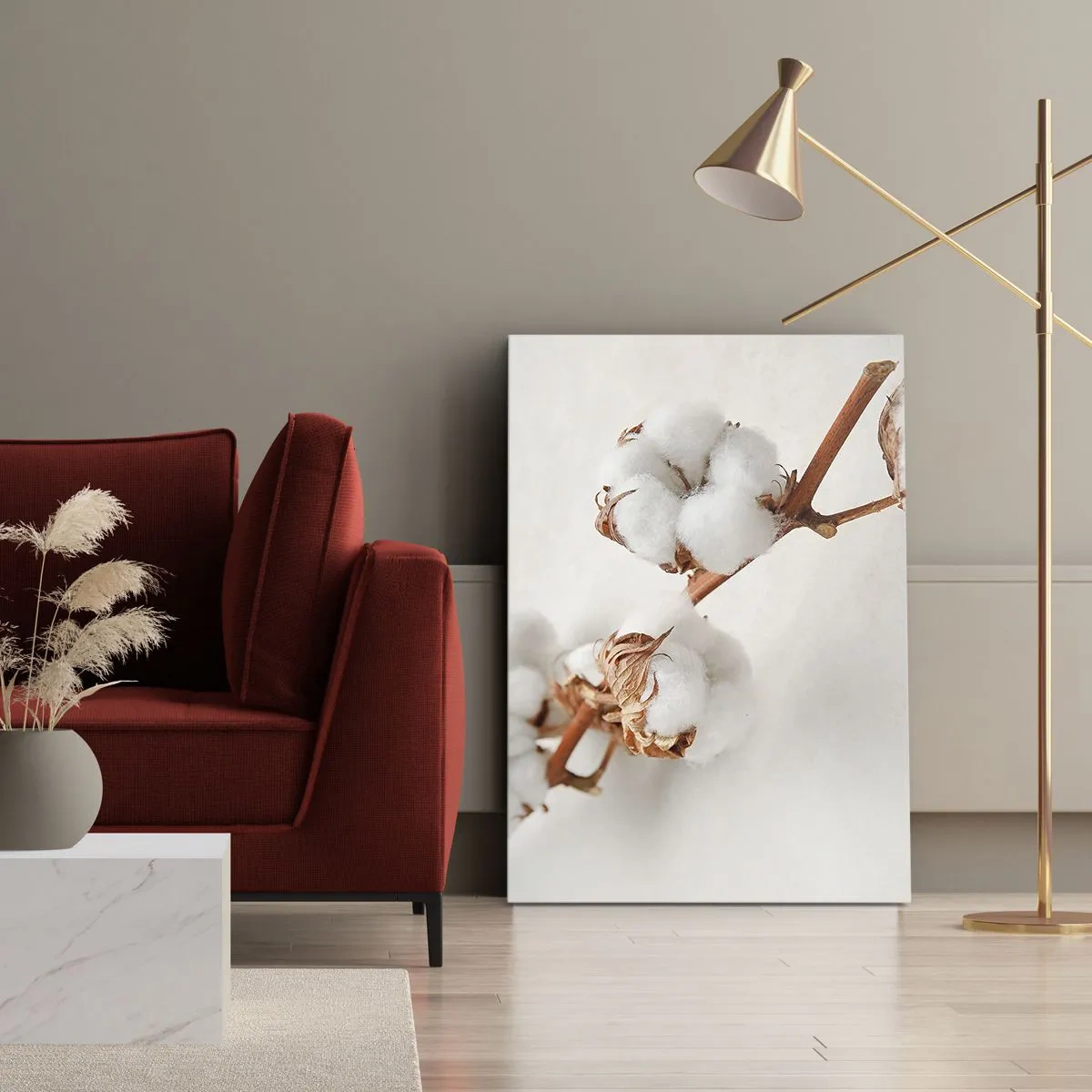 Quadro su tela - Stampe su Tela - Un rametto di cotone su uno sfondo sottile - 50x70cm - Semplicemente un abbraccio - Decorazione murale moderna per soggiorno e camera da letto ARTTOR