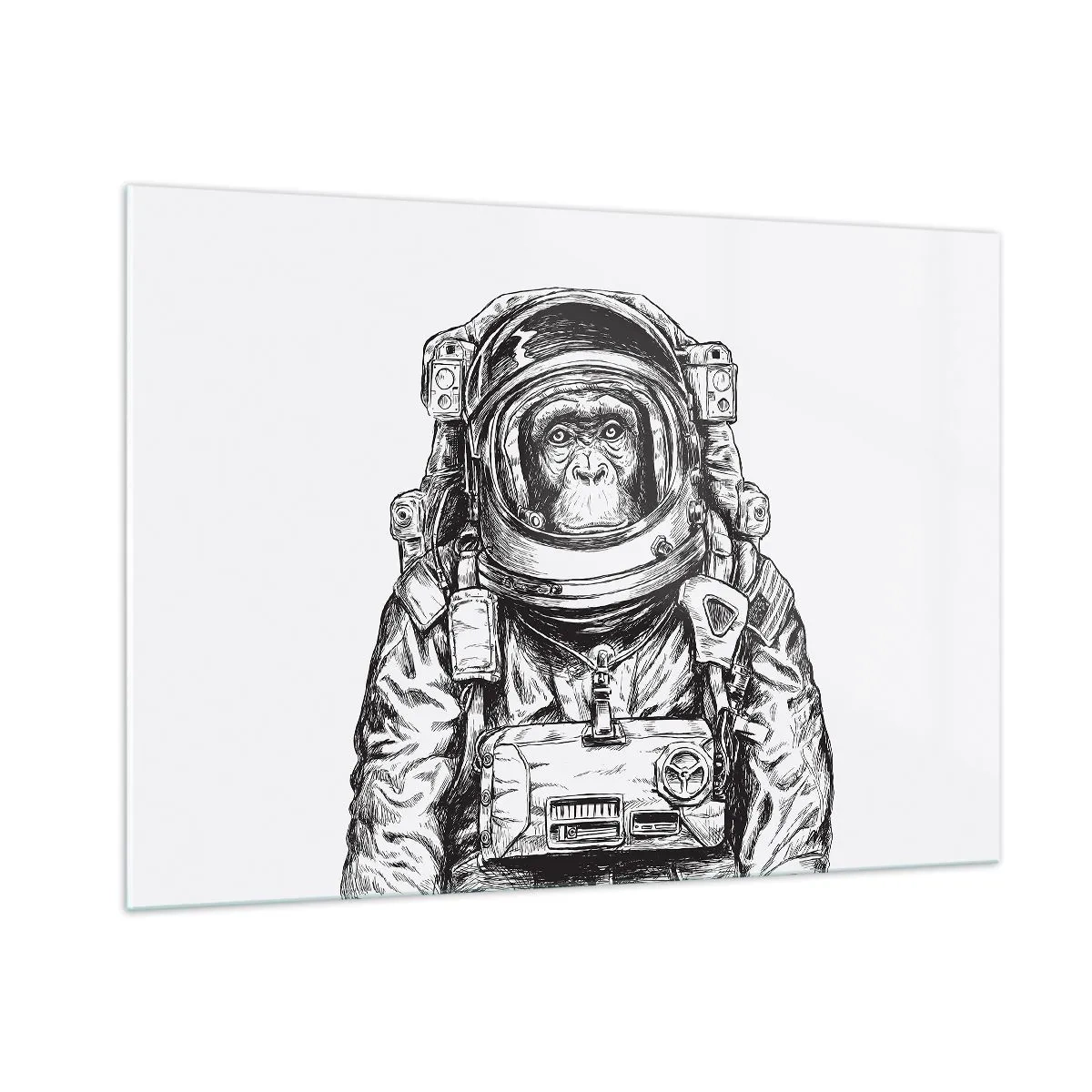 Quadro su vetro - Schizzo di una scimmia in tuta da astronauta su sfondo bianco - 100x70cm - Evoluzione alternativa - Decorazione murale moderna per soggiorno e camera da letto ARTTOR