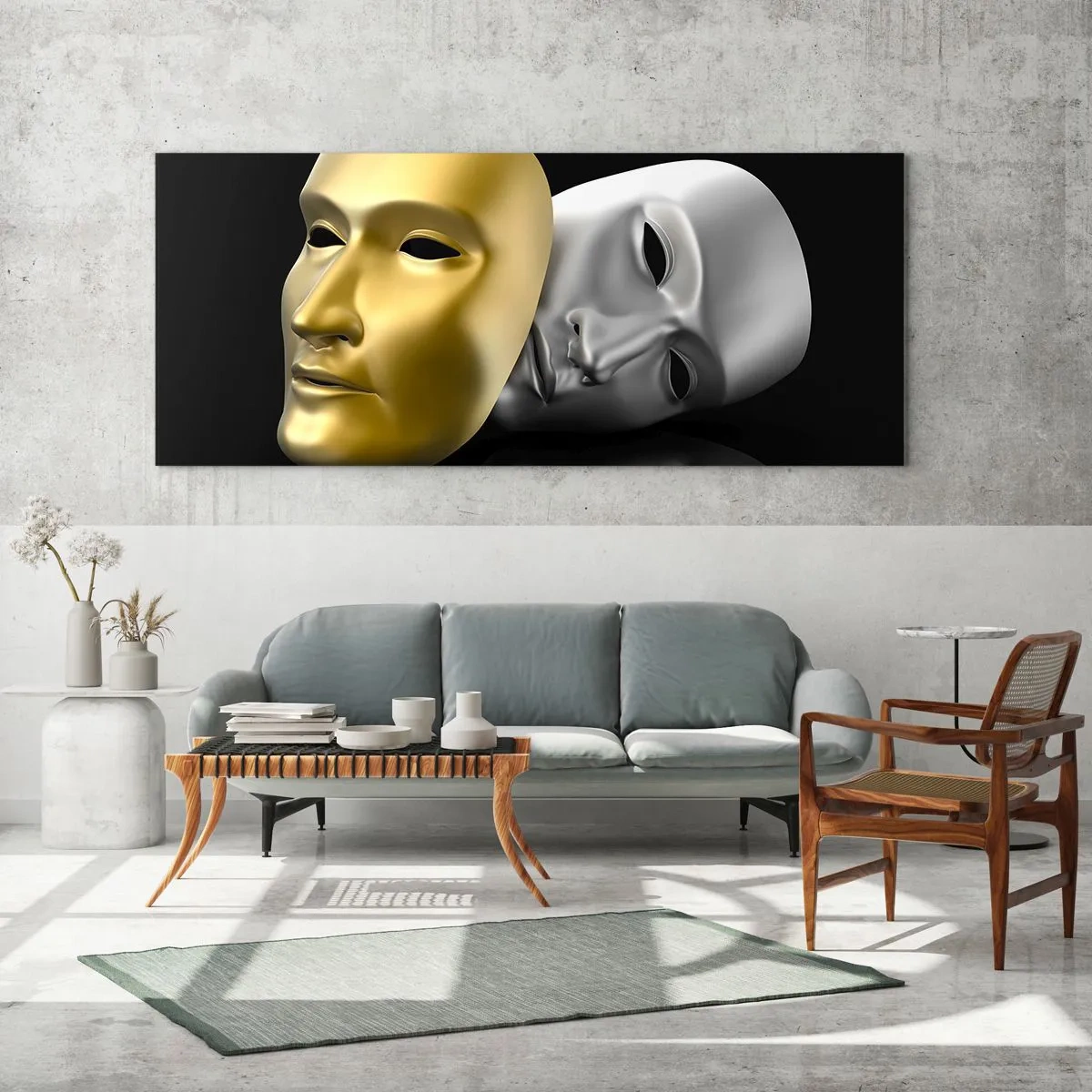 Quadro su vetro - Maschera in oro e argento su sfondo nero - 140x50cm - La vita è teatro - Decorazione murale moderna per soggiorno e camera da letto ARTTOR