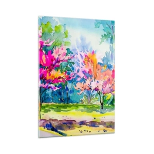 Quadro su vetro - Alberi colorati nel parco dipinti con la tecnica dell'acquerello - 50x70cm - Giardino multicolore nella luce della primavera - Decorazione murale moderna per soggiorno e camera da letto ARTTOR