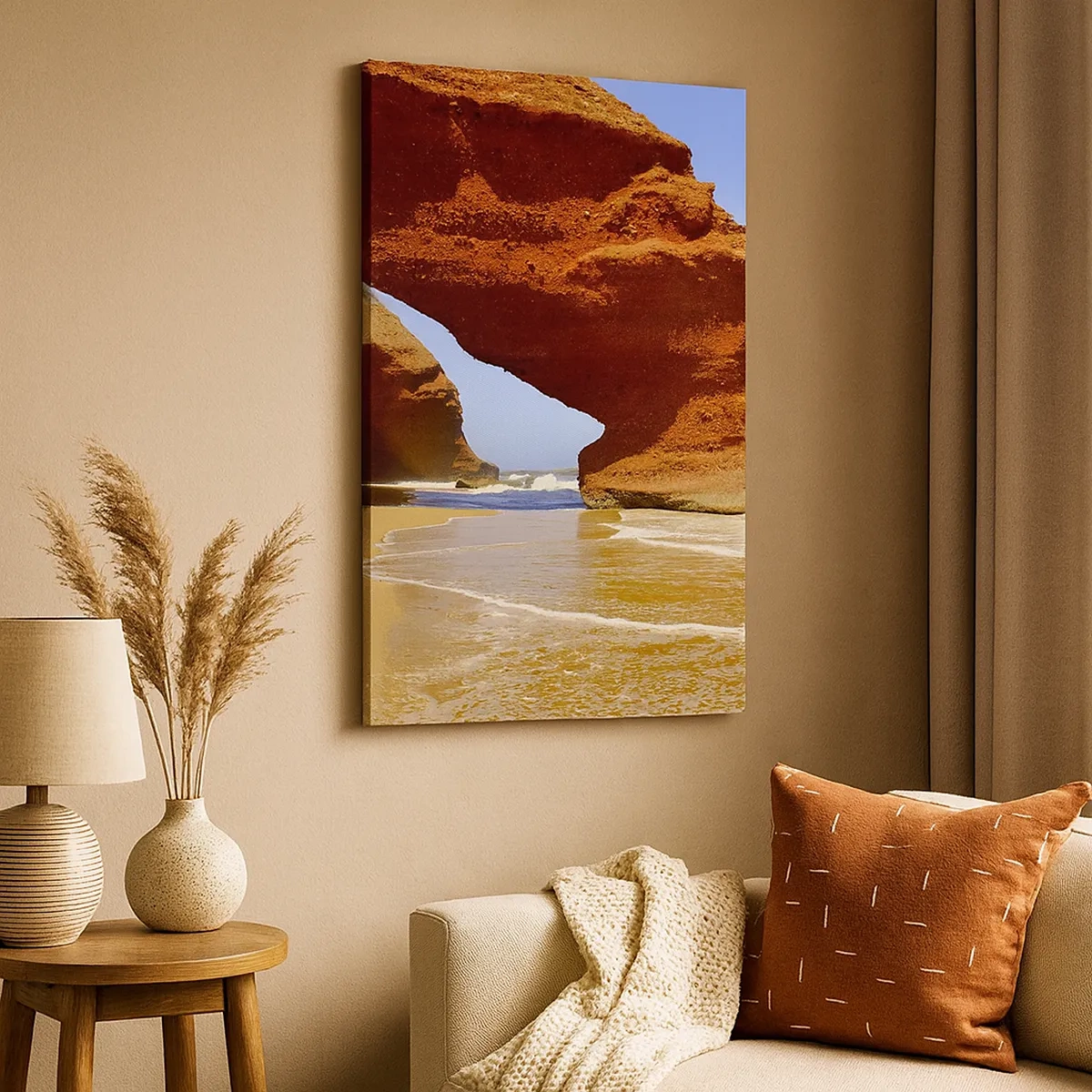 Quadro su tela - Stampe su Tela - Un arco di roccia naturale su una spiaggia con cielo azzurro e onde - 50x70cm - Migliaia di anni di acqua e vento - Decorazione murale moderna per soggiorno e camera da letto ARTTOR