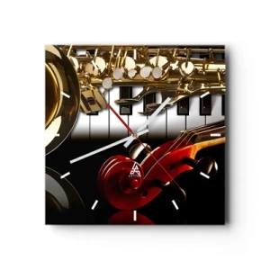 Orologio da parete - Orologio in Vetro - Un sassofono dorato, tasti di pianoforte e un violino rosso - 30x30cm - Metallo, legno e avorio - Decorazione murale moderna per soggiorno e camera da letto ARTTOR