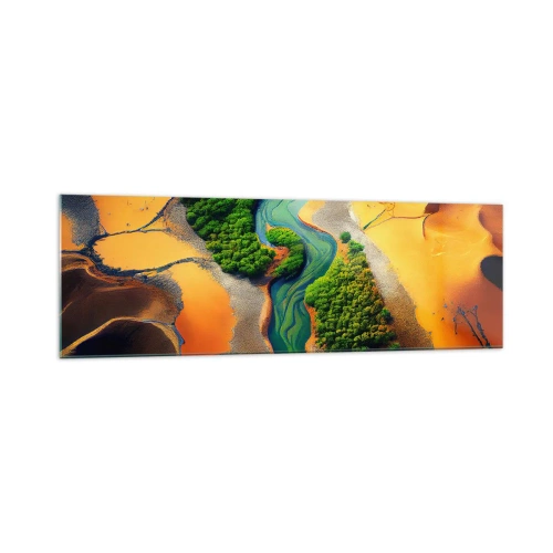 Quadro su vetro - Un fiume verde circondato da sabbie dorate e vegetazione - 160x50cm - Il fiume della vita - Decorazione murale moderna per soggiorno e camera da letto ARTTOR