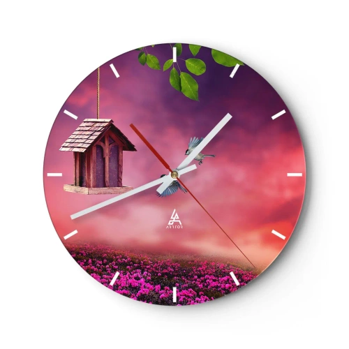 Orologio da parete - Orologio in Vetro - Paesaggio con casetta per gli uccelli, cielo rosa e foglie verdi - 30x30cm - Invito a cena - Decorazione murale moderna per soggiorno, cucina e camera da letto ARTTOR
