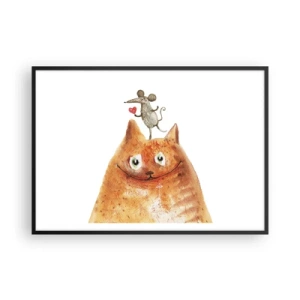 Poster in cornice nera - Un disegno di un gatto con un topo sulla testa che tiene un cuore - 100x70cm - I paradossi dell'amore - Decorazione murale moderna per soggiorno e camera da letto ARTTOR