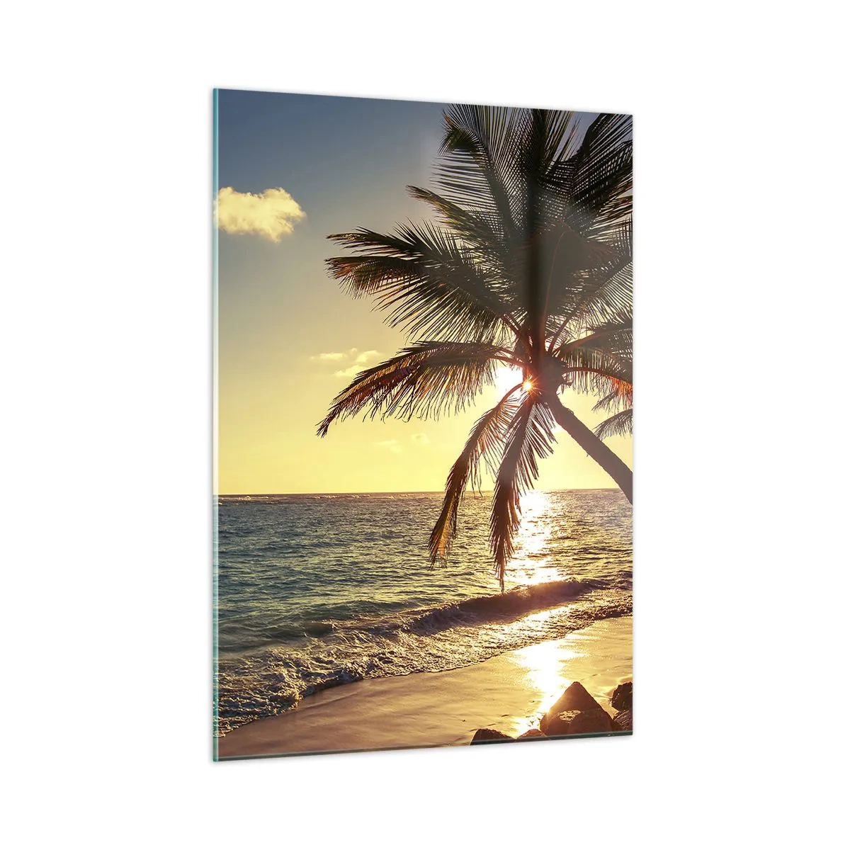 Quadro su vetro - Spiaggia tropicale con palme alla luce del sole al tramonto - 50x70cm - Estate sotto le palme - Decorazione murale moderna per soggiorno e camera da letto ARTTOR