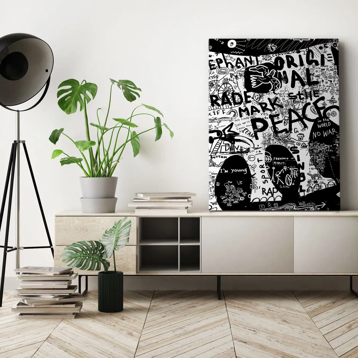 Quadro su tela - Stampe su Tela - Grafica in bianco e nero con motivi graffiti - 50x70cm - Il ricco mondo della strada - Decorazione murale moderna per soggiorno e camera da letto ARTTOR