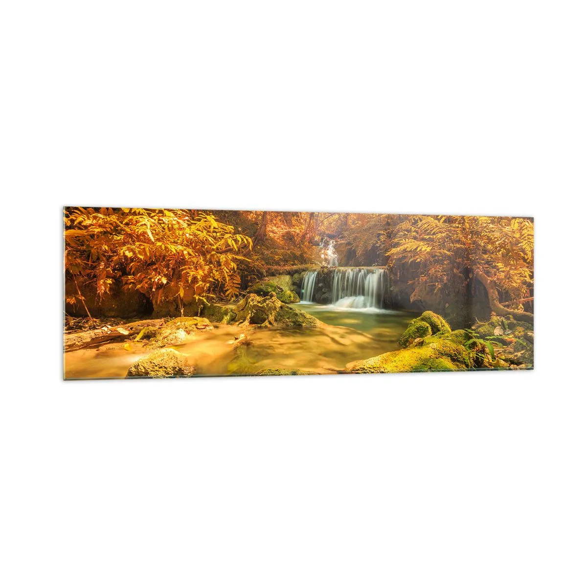Quadro su vetro - Una cascata dorata in una foresta autunnale circondata dal verde - 160x50cm - Cascata boschiva in oro - Decorazione murale moderna per soggiorno e camera da letto ARTTOR
