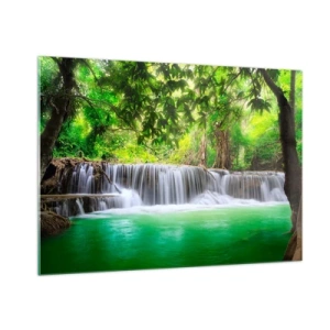 Quadro su vetro - Una cascata in una foresta tropicale con acqua cristallina - 100x70cm - Cascata nel verde - Decorazione murale moderna per soggiorno e camera da letto ARTTOR
