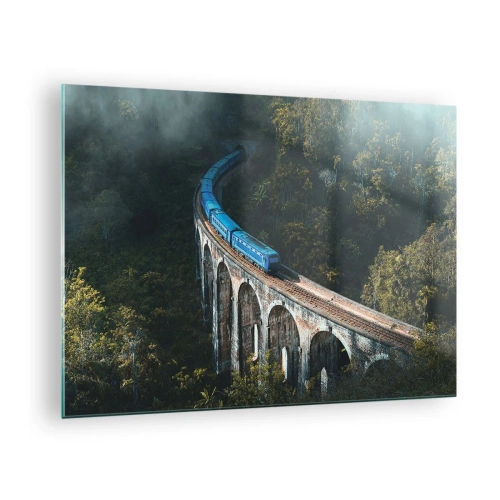 Quadro su vetro - Un treno blu che viaggia lungo un viadotto di pietra nella foresta - 70x50cm - Attrazione della natura - Decorazione murale moderna per soggiorno e camera da letto ARTTOR