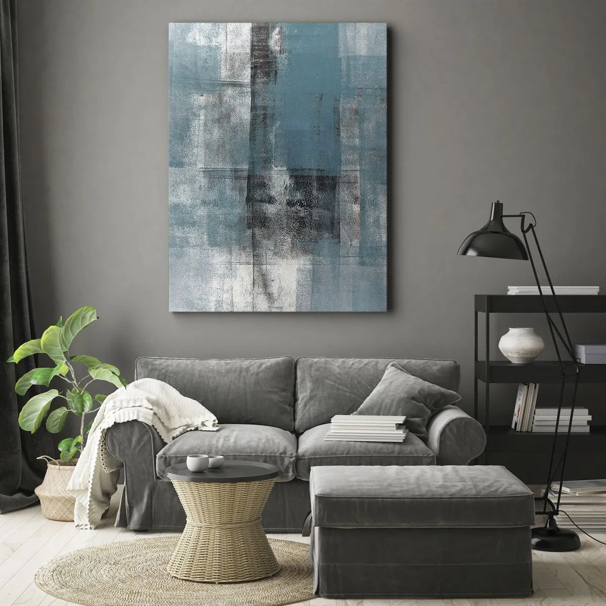 Quadro su tela - Stampe su Tela - Una composizione astratta nelle tonalità del blu con texture e strati. - 50x70cm - Acqua e aria - Decorazione murale moderna per soggiorno e camera da letto ARTTOR