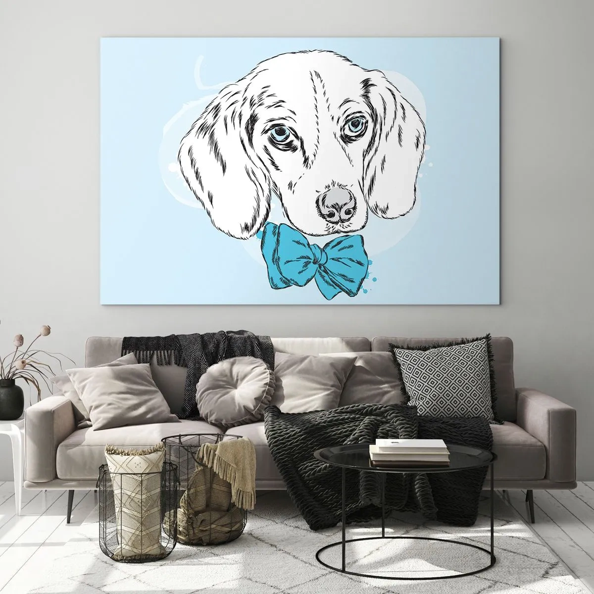 Quadro su vetro - Disegno di un cane con un papillon su sfondo blu - 70x50cm - Eleganza canina - Decorazione murale moderna per soggiorno e camera da letto ARTTOR