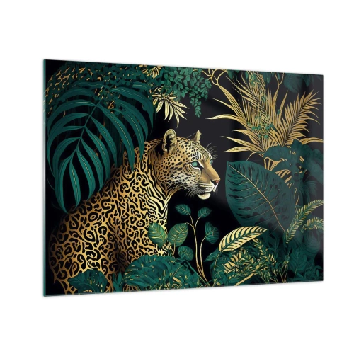 Quadro su vetro - Un leopardo tra foglie tropicali su uno sfondo scuro - 70x50cm - Il signore della giungla - Decorazione murale moderna per soggiorno e camera da letto ARTTOR