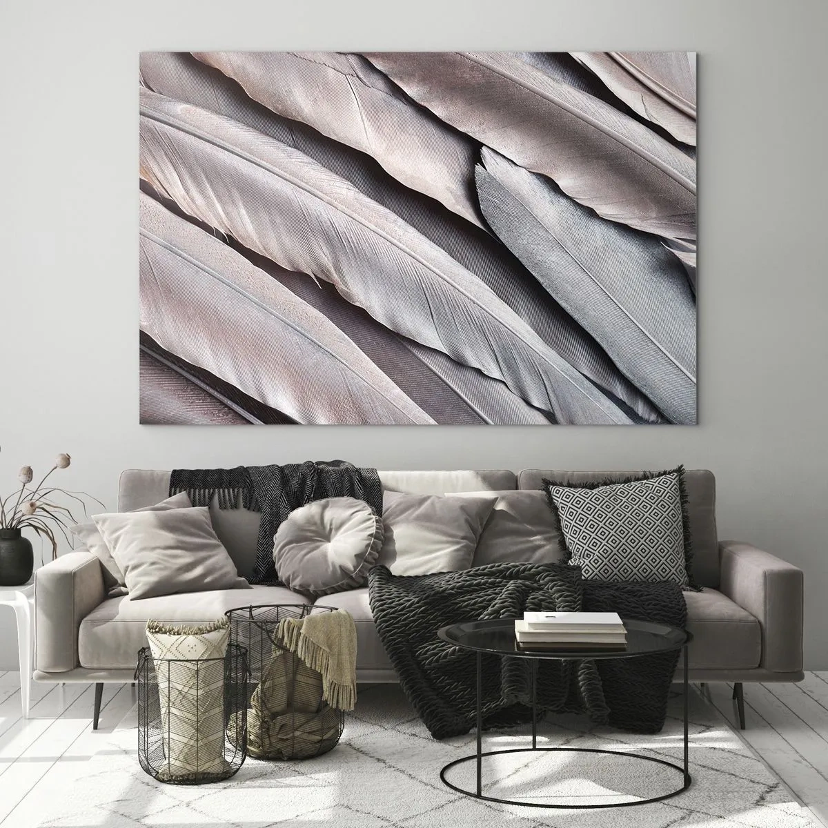 Quadro su vetro - Primo piano di piume pastello nelle tonalità del rosa e dell'argento - 70x50cm - Argento rosato - Decorazione murale moderna per soggiorno e camera da letto ARTTOR