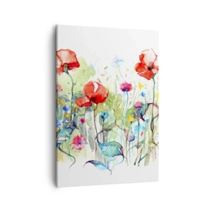 Quadro su tela - Stampe su Tela - Un prato con papaveri rossi e fiori colorati in acquerello - 50x70cm - Il prato fiorito a maggio - Decorazione murale moderna per soggiorno e camera da letto ARTTOR
